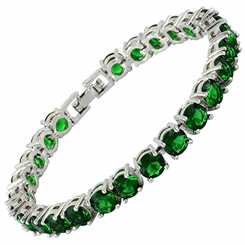 Rizilia Tenis Pulsera [18cm/7inch] con Corte Redondo Piedras Preciosas Circonita CZ [Esmeralda Verde] en 18K Chapado en Oro Blanco, Elegancia Moderna Sencillo