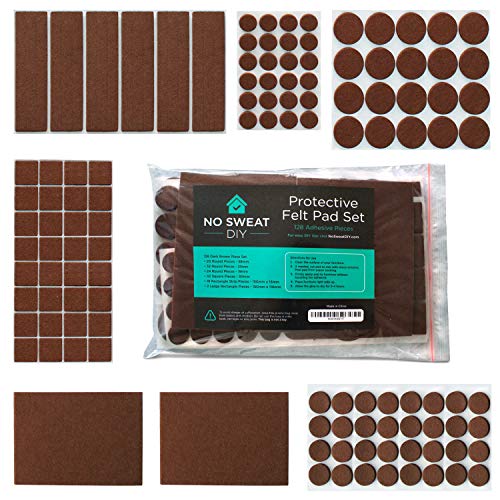 Patins en feutre pour Meubles (Lot de 128 pièces) de No Sweat DIY | Tampons Adhésifs et Antidérapants de Protection de Sol, Parquet et Autre | pour Pieds de Chaise, Table et Plus | Différentes Tailles