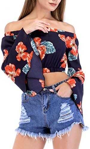 2018 Women Off Shoulder Tops, New Fashion Summer Sexy Floral Print Trumpet Sleeve Crop Top Long Sleeve Casual Tank BlouseT-Shirt Party Shirts by GreatestPAK