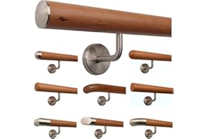 TIBU Barandilla de madera de cerezo de 0,3 m - 5 m, longitud 150 cm, tapa de acero inoxidable ligeramente curvada y soporte en 3 ángulos