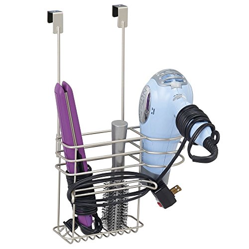 mDesign Hair Dryer Holder Without Drilling - Ideal for Hair Dryer Storage and Also for Your Curling Iron - Over The Door Hanging Baskets and Hooks for Cord Storage - Satin