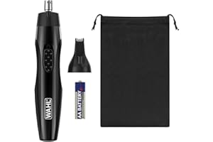 WAHL 2 in 1 Detail Trimmer, cortapelos para orejas, nariz y vello facial, funciona con pilas, cabezales lavables, mango ergonómico, estuche de viaje incluido, cabezales lavables de larga duración.