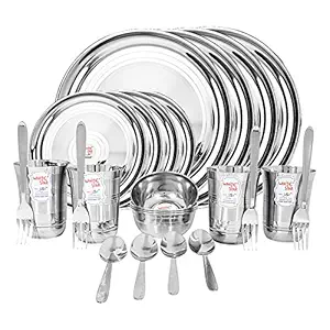 WHITE STAR Classic 24g Heavy Stainless Steel 24 Piece Dinner Set (4 Full Plate, 4 Quater Plate, 4 Glass, 4 Veg Bowl, 4 Spoon, 4 Fork)