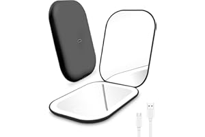 Rantizon Rechargeable Compact Mirror, Portable Led Travel Makeup Mirror Charging Pocket Handbag Mirror 1X/2X Magnification 3 Light Modes for Women Teenage Girls Gift Sets Black