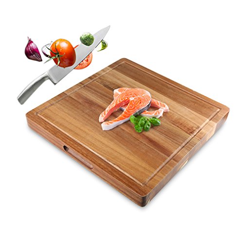 SHINY HOME® | Holz Schneidebrett und Küchenbrett | 40cm x 40cm x 3.7cm | mit umlaufender Saftrille | Holzbrett natur - 3