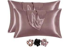 GO WELL Solid Satin Silk Pillow Covers Pack of 2 for Hair and Skin-with Satin Scrunchies |Satin Pillow coves for Hair and Ski