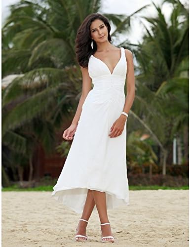 KeKaFu A-Line Plunging Neckline Asymmetrical Chiffon Wedding Dress with Ruche by LAN TING BRIDE,Champagne,US 6/UK 10/EU 36