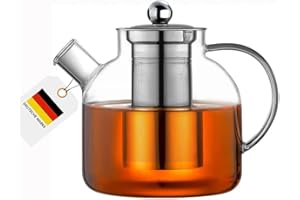 Teekanne aus Glas mit Sieb - 1500 ml Fassungsvermögen - Wasser Krug mit 1,5 Liter - Teekanne mit Siebeinsatz - Deckel und Edelstahl Sieb abnehmbar