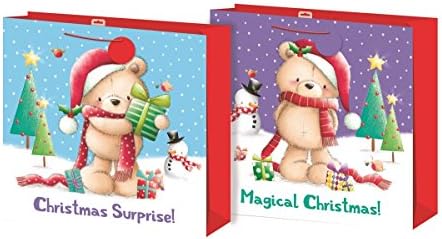 Set Of 2 Midi Jumbo Christmas Gift Bags With Rope Handle & Tag - Bears & Snowman