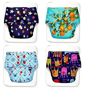 Basic by Superbottoms -4 Certified Soft Fleece Lined Pocket Diapers with 4 Cotton Terry Inserts (Non Stay Dry) with Snaps (Assorted Prints)