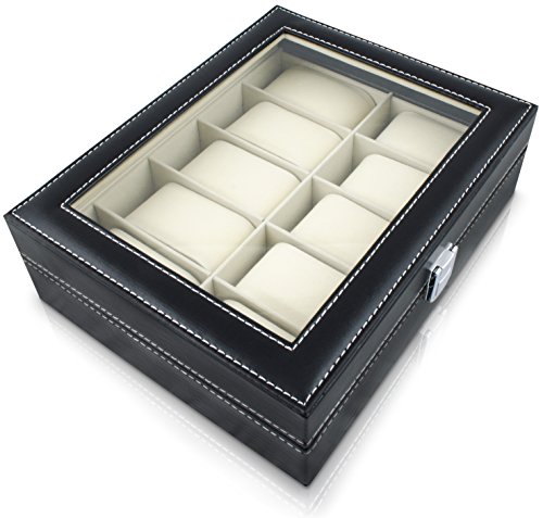 VENKON – Uhrenbox für 10 Uhren mit Schaufenster aus Glas für Aufbewahrung & Präsentation – Kunstleder Schwarz – 25,5 x 20,5 x 8 cm - 5
