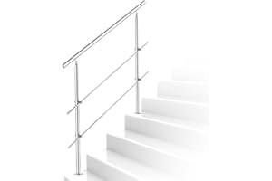 Ikodm Corrimano in acciaio inox 180 cm ringhiera per scale, esterno e interno con 2 barre trasversali, regolabile ad angolo per scale, giardino, ingresso casa, parapetto balcone