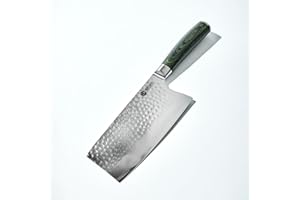 HexClad Cuchillo de carnicero, hoja de acero inoxidable de Damasco japonés de 18 cm, construcción de espiga completa, mango de madera de Pakkawood