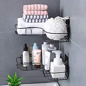 ANTHEMEEX Stainless Steel Self-Adhesive Bathroom Corner Rack Storage Shelves - Black (Single)