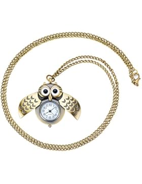 [Gesponsert]Taffstyle Damen Kinder Halskette mit Uhr Eulen Anhänger Retro Vintage Damenuhr Analoguhr Altgold Gold