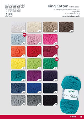 Gründl King Cotton Set, 10 x 50 G, + kostenlose Anleitung für eine Häkelmütze Farbe frei wählbar(Farben bitte per Nachricht mitteilen)