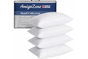 AmigoZone 4 Pack Hotel Quality Stripe Pillow - Bounce Back Pillow Cotton Blend With Virgin HollowFibre - Firm Support Anti Allergy Machine Washable - 48x74cm White Stripe - Pack of 4