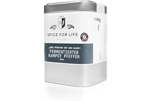 SPICE FOR LIFE SINCE 2008 DIE GEWÜRZJÄGER - FÜR DICH UNTERWEGS Spice For Life Fermentierter Kampot Pfeffer der Extraklasse - Schwarz Ganz, Leicht Feucht - Mit dem Plopp - Deluxe Gourmet Pfefferkörner Fermentiert mit wenig Piperin (Schärfe) und frischen Aroma