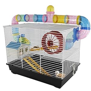 PawHut – Jaula para Hamster, Casa para Ratoncillos Roedores, Animal Pequeño con Escalera, Pista, Molino de Viento, Accesorios Incluidos, 62x29x52cm