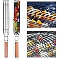 LOMESH Nonstick BBQ Kabab Grilling Basket,Roasting Grill Net,Stainless Steel Mesh Barbecue,Rotisserie Basket,Hotdog Vegetables Shrimps Meats Roasting Basket with Wooden Handle