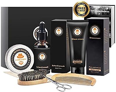 XIKEZAN 8 en 1 Kit Complet de Soin de Barbe Avec Crème à Raser Gratuite,Huile de Barbe,Baume de Barbe,Brosse à Barbe,Ciseaux à Barbe,Peigne à Barbe,Kit d'Entretien de Barbe Produit Cadeaux Pour Hommes