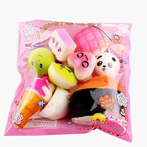 ATEENY Mini Soft Squishy Bread Pack Toys Slow Rising Squishies Stress Reliever Toys Including Jumbo Medium Mini Cake Panda Eggs Toys Phone Straps Key Chains (10pcs/pack)
