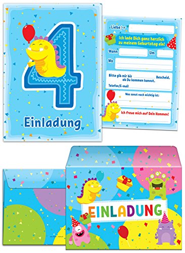 12 Einladungskarten zum 4. Kindergeburtstag blau / schöne Einladungen zum Geburtstag für Mädchen und Jungen "lustige Monster"