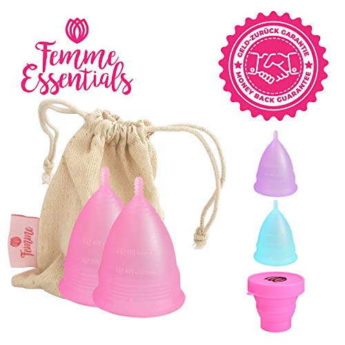 2x Copa Menstrual Femme Essentials|100% de Silicona Hipoalergénica para Uso Médico| Ecológica, Segura, Cómoda y Higiénica| Tamaño: Pequeño |Incluye una Bolsa de Algodón Gratuita |Rosa