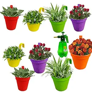 SAI PRASEEDA Garden_Balcony_ Railiing Hanging Size 9 Inch_ Flowering Planter_Pack of 9_ Multi Color_with 2 litres Garden Pump Pressure Spray Bottle SFP26
