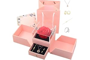 hssopa Cadeau pour petite amie, rose éternelle, coffret cadeau, collier en or rose pour femme, boucles d'oreilles en or rose, bagues, lettre d'amou