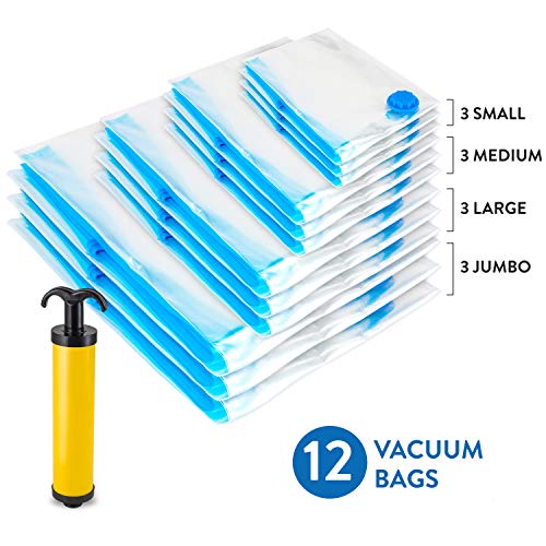 Wonder Worker PRESS Kit de 12 Bolsas de Almacenamiento al Vacío con Bomba de Mano de Viaje JUMBO Gratis Ahorro de Espacio
