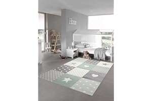 ‎TEPPICH-TRAUM Teppich-Traum Kinderzimmer Teppich Spiel & Baby Teppich Herz Stern Punkte Design Grün Grau Creme Größe 80x150 cm