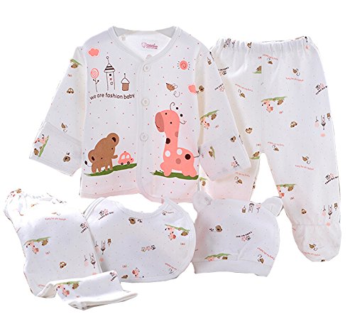 WANGSAURA Baby Infant 5pcs Cotton Clothing Set (Cap+Bib+Pajamas Suit+Pants)Newborn Caring Gift 0-3 Months (Pink)