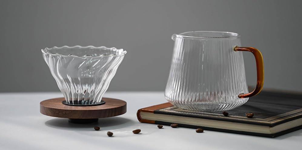 THE BEAN CO Pour Over Coffee Brewer Maker Set | Borosilicate Glass Serving Carafe| Coffee Dripper with Wooden Base