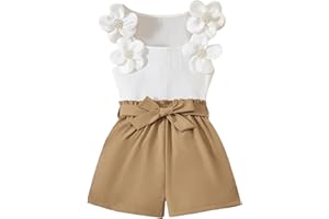 Momkonzz Ensemble de vêtements d'été pour filles pour enfants avec débardeur sans manches + short + ceinture - Tailles 7-12 ans