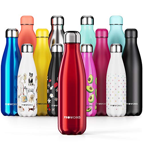 Proworks Bottiglia Acqua in Acciaio Inox, Senza BPA Vuoto Isolato Borraccia Termica in Metallo per Bevande Calde per 12 Ore & Fredde 24 Ore, Borraccia per Sport, Lavoro e Palestra - 1 Litre - Rosso