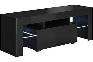 MB Muebles Bonitos, Mueble TV Elio con Luz LED para Salón Moderno, 1 Cajón con Apertura Push, Mueble de Melamina Brillo, Color Negro, 130x45x35 cm