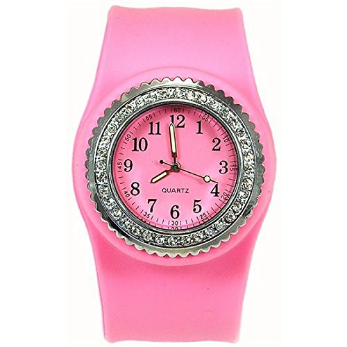 1 x mit rosa Zirkonia besetzte Quarz Silikon Slap Uhr
