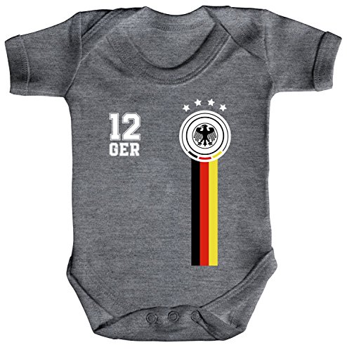Fußball WM EM Strampler Bio Baumwoll Baby Body kurzarm Jungen Mädchen 12. Mann Deutschland Trikot, Größe: 6 – 12 Monate,Heather Grey Melange