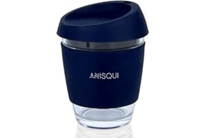 AniSqui Szklany kubek podróżny, przenośny kubek do kawy 350 ml z pokrywką (granatowy)
