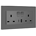 BSEED Double Switched Sockets with USB C and USB A Charging Ports, UK Standard Electric Power Sockets with Glass Panel, 2 Gang 13A Wall Socket, Grey