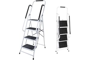 QIMU Trittleiter 4 Stufen mit handlauf und Rutschfester Stufen, Robuste Hochwertige Stahlstufen Haushaltstritt Stehleiter Klappleiter, 150 kg max Belastung