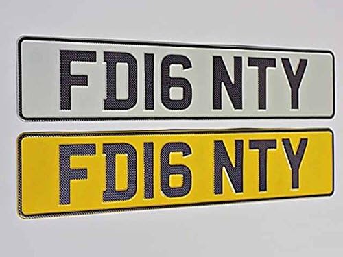 Front and Rear 3D Embossed White x 1 and Yellow x 1 Show Carbon Fibre Characters &amp; Border Reflective Oblong Car Number Plates