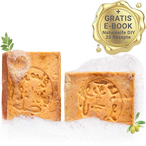 tom&pat® Juego de jabones de Alepo originales, 2 x 200 g - 80% aceite de oliva, 20% aceite de laurel - jabón para la ducha y el lavado del cabello - incluye el e-book: Jabón natural DIY