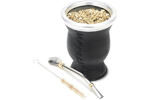 Balibetov [Nowość] Zestaw Yerba Mate Gurda ze Skóry i Szkła (Kubek Mate) z Yerba Mate Bombilla (Słomka) (Czarny)