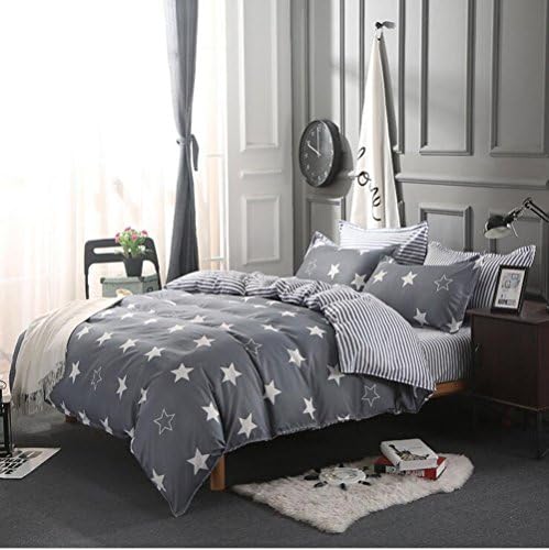 Gray Stripes Stars Bedding Cover Duvet Cover Set (Gray, Double(Duvet Cover Set))