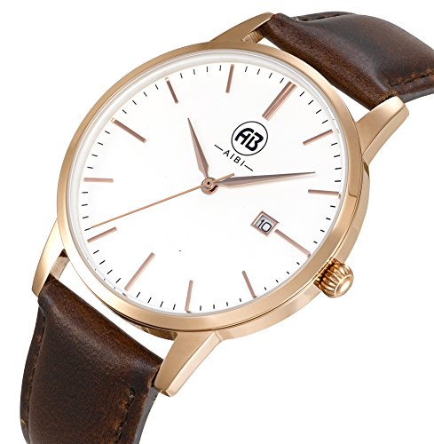 AIBI Wasserdicht Herren Classic Quarzuhr Armbanduhr elegant Uhr modisch Zeitloses Design klassisch Leder Brau/Rose gold AB51101-4