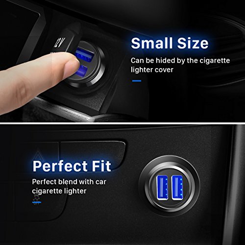 Caricabatteria auto USB 4.8A Caricatore adattatore universale 2 Porte Super Mini Alluminio macchina per iPhone, iPad, Tablet, Smartphone e gli altri dispositivi USB (Nero) (1 confezione)