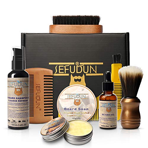 8-en-1 Kit de aseo de barba con cepillo suave de jabón de barba + Cepillo de barba Peine de barba + Peine de plantilla de bálsamo de barba + Aceite de barba + Champú de barba