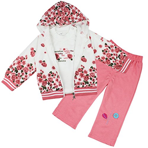 iiniim 3pcs Baby Girls Peony Coat + Long Sleeve T-shirt+ Pants Clothes Outfit Set Watermelon Red 18-24 Months